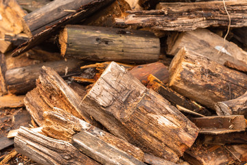 Randomly located firewood. A pile of freshly chopped firewood