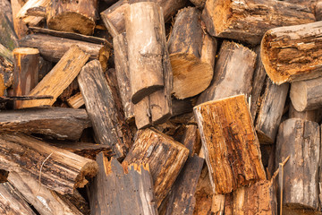 Randomly located firewood. A pile of freshly chopped firewood