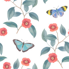 Botanical seamless pattern on a white background. Packing paper for design. Drawn flower with leaves and butterflies. Watercolor drawing of flowers for print and textile wallpapers.