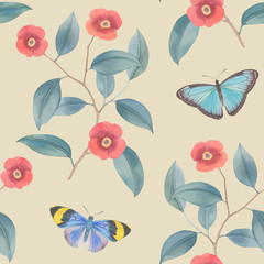 Botanical seamless pattern with flowers and butterflies. Wrapping paper for design. Drawn flower with leaves and butterflies. Watercolor drawing of flowers for print and textile wallpapers.