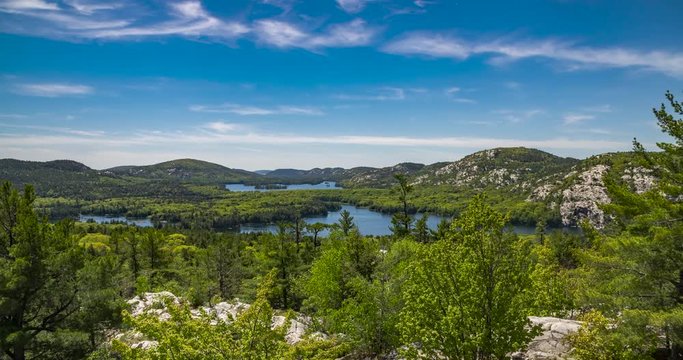 Killarney Provincial Park, Ontario Canada. Time lapse view of La Cloche Mountains from the top of Killarney Ridge. Includes 2 versions - one stationary and one with a pan using the full res of image.