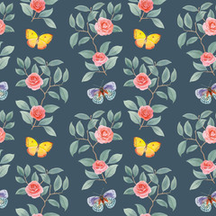 Botanical seamless pattern with flowers and butterflies. Wrapping paper. Drawn flower with leaves and butterflies. Watercolor pattern of roses and butterflies for print and textile wallpapers.