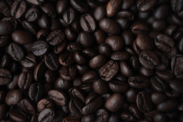 coffee seeds lies in a heap. roasted fragrant seeds for the cafeteria. background for desktop and banner