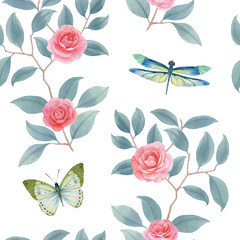 Botanical seamless pattern with flowers and insects on a white background. Delicate colors for wrapping paper. Elegant pattern with leaves butterfly and dragonfly. Watercolor pattern of roses