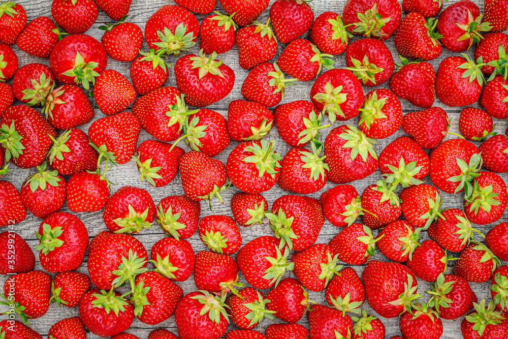 Wall mural Fresh German strawberries in carton paper boxes on wooden table, top view.  Red strawberry berrees harvesting concept