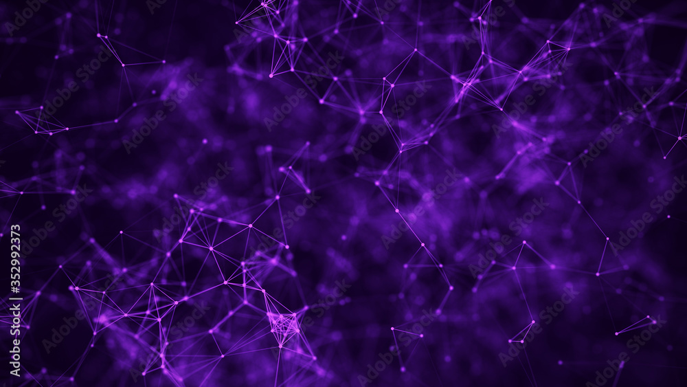 Poster Network connection structure. Low poly shape with connecting purple dots and lines on dark background. 3d rendering Big data visualization.