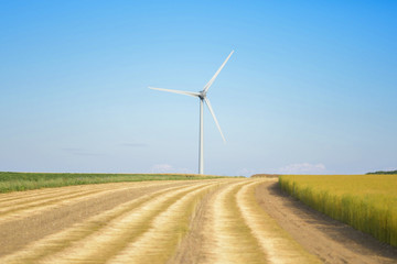 Windmills near the field of flax Normandy France