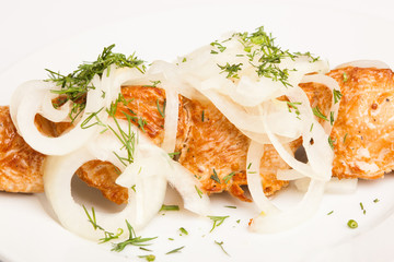 nice photo close-up menu of fresh tasty barbecue on a plate on a white background