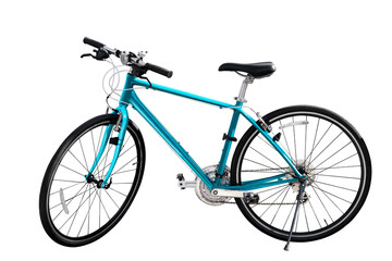 Fototapeta na wymiar Sky blue mountain bike on white isolated background