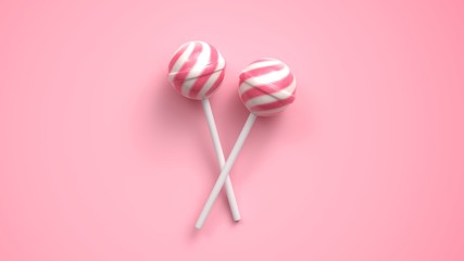 Two sweet striped pink and white lollipops on stick on bright pink background. 3d rendering