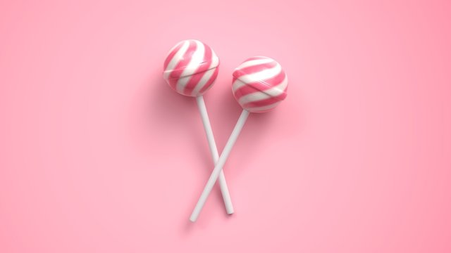 Two sweet striped pink and white lollipops on stick on bright pink background. 3d rendering