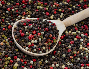 Five Peppercorn mix, five varieties in a wooden spoon for a food background