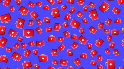 Endless seamless pattern of medical scientific medical items of first aid pharmacies on a blue background. Vector illustration