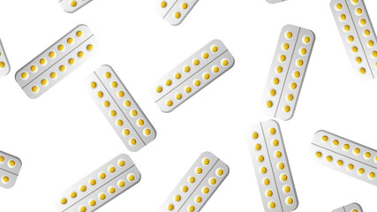 Endless seamless pattern of medical scientific medical items, pharmacological tablets and medications, pill capsules on a white background. Vector illustration