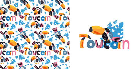 Vector seamless tropical pattern with cute animal character toucans and leaves in pink, blue, yellow colors, funny text toucan. Summer background for fabric, wallpaper, textile, wrapping paper ets. © Iuliia