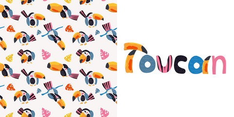 Vector seamless tropical pattern with cute animal character toucans and leaves in pink, blue, yellow colors, funny text toucan. Summer background for fabric, wallpaper, textile, wrapping paper ets. © Iuliia