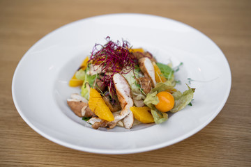 close up of a beautiful gourmet serving of a delicious meal in a restaurant