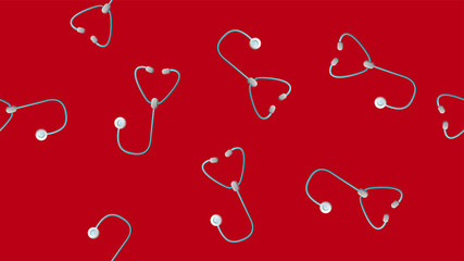 Endless seamless pattern of medical scientific medical subjects stethoscopes phonendoscopes for listening to the heart and lungs and diagnosing pneumonia on a red background. Vector illustration