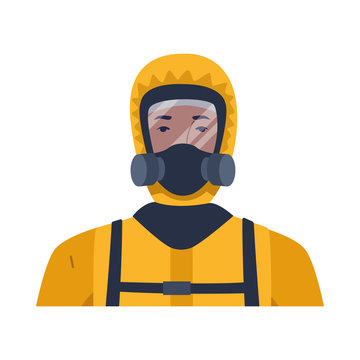 worker wearing biosafety suit yellow