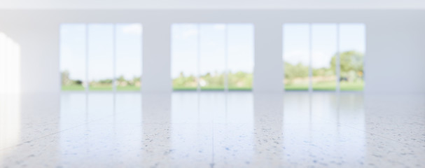3d rendering of empty room and granite floor shiny reflection with clear glass door in perspective view, clean and new condition use to background.