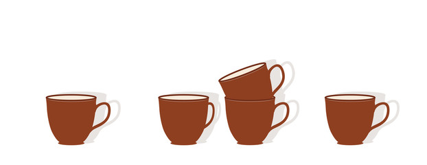 Tassen Gruppe Dekoration, 
braune Kaffee-, Kakao- oder Cappuccino-Tassen Hintergrund,
Grafik Illustration isoliert auf weißem Hintergrund
