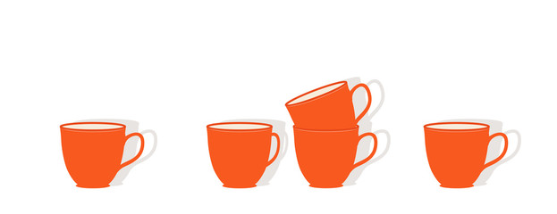 Tassen Gruppe Dekoration, 
orange Kaffee-, Kakao- oder Cappuccino-Tassen Hintergrund,
Grafik Illustration isoliert auf weißem Hintergrund
