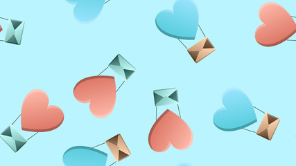 Endless seamless pattern of beautiful festive love joyful hearts in the form of balloons with envelopes on a blue background. Vector illustration