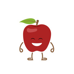Cute red apple fruit with smiling face. Flat cartoon character vector illustration with funny healthy juicy fruit