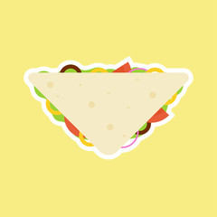 slice of sandwich bread with vegetables. breakfast isolated on color background. slice cheese sandwich with tomato, lettuce & bacon, sausage flat design style. tasty & Appetizing vegetarian food.