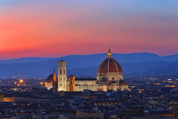 A sunset view of the Cattedrale di Santa Maria del Fiore, commonly known as the Duomo, in Florence, Italy.