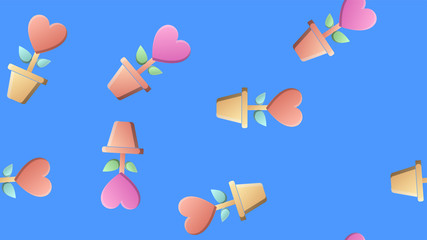 Endless seamless pattern of beautiful festive love flowers in pots with hearts on a blue background. Vector illustration