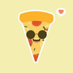 Funny Pizza slice. Cute pizza character set isolated on color background . Fast food characters. can use in the menu, in the shop, in the bar, the card or stickers. Easy to edit.