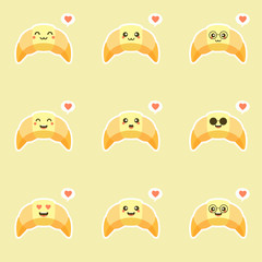 set of Cute and happy croissant vector cartoon character isolated on a color background.