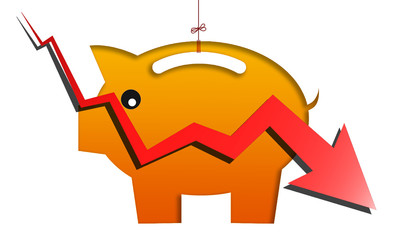 Recession concept with red arrow hitting piggy bank