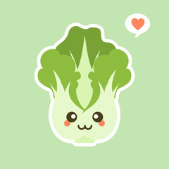 Cute and kawaii Fresh Chinese cabbage character . Healthy food. Organic ingredient for vegetarian salad. Flat vector for promo poster of grocery store