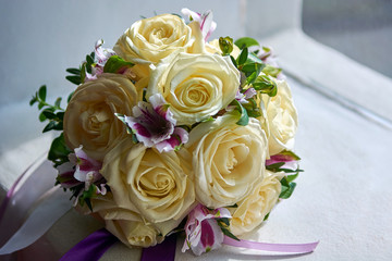 Bridal bouquet. The bride's bouquet of white, blue, pink flowers