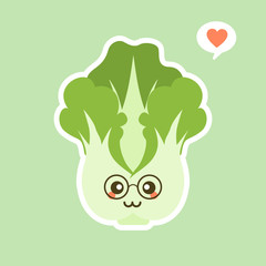 Cute and kawaii Fresh Chinese cabbage character . Healthy food. Organic ingredient for vegetarian salad. Flat vector for promo poster of grocery store