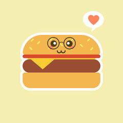 Burger. Cute and kawaii fast food vector character set isolated on color background 