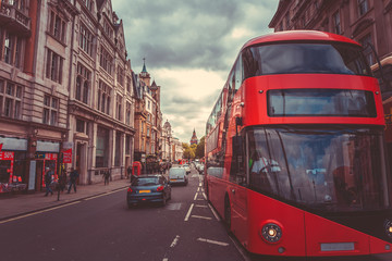 Fototapeta na wymiar Bus at Dawn in London City; London City Street View