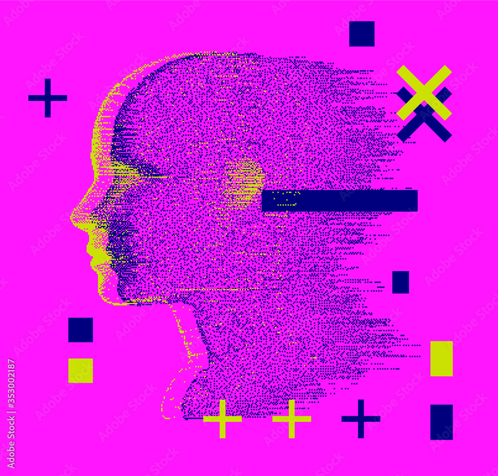 Poster artificial intelligence and psychological profiling concept. human head with glitched pixels, distor