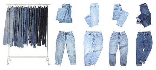 Set with different jeans on white background. Banner design