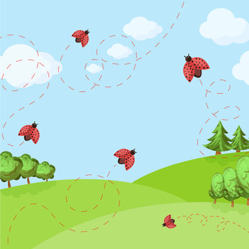 spring background with ladybug on the field and blue sky. vector illustration for a banner or cover