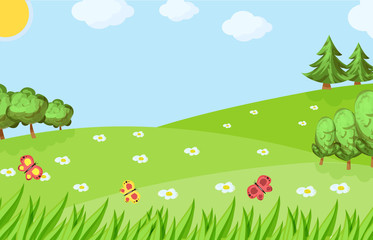 Spring or summer nature background with green grass, flowers and butterflies