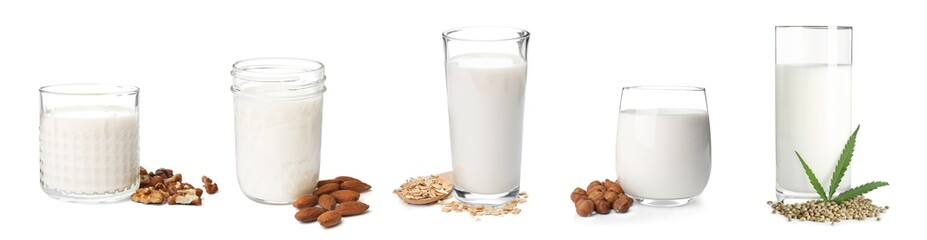 Set with different types of organic milk on white background. Banner design