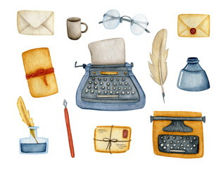Large watercolor vintage stationery set with typewriter, glasses, inkstand, pen, letters, cup, notebooks