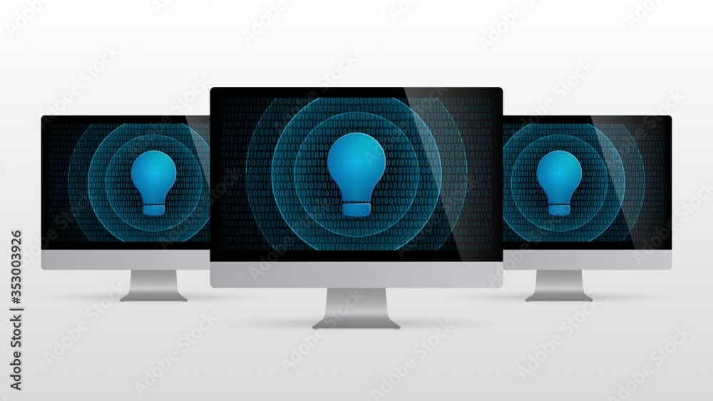 Poster computer device with light bulb lamp. realistic desktop monitor with idea symbol in screen and light