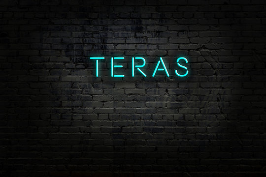 Night view of neon sign on brick wall