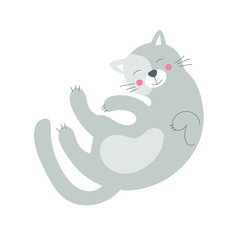 a grey happy cat sleeps on its back on a white background. Flat vector illustration.