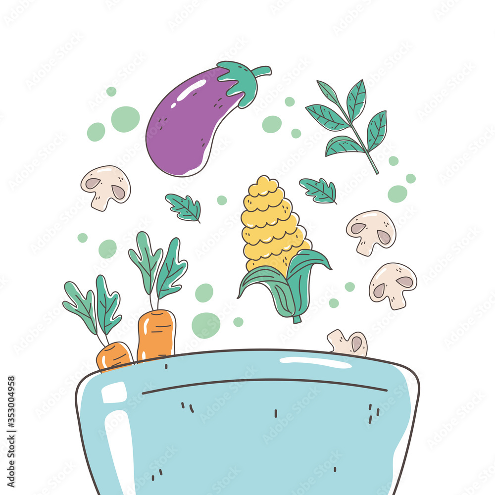 Wall mural healthy food bowl with eggplant corn carrots and mushroom nutrition diet organic