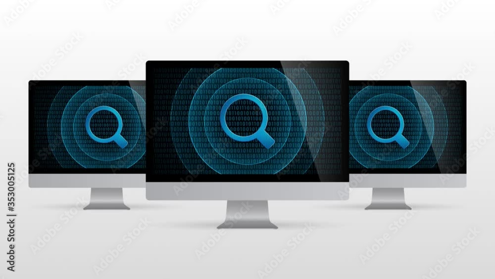 Poster computer device with search tool. realistic desktop monitor with magnifier symbol in screen and ligh